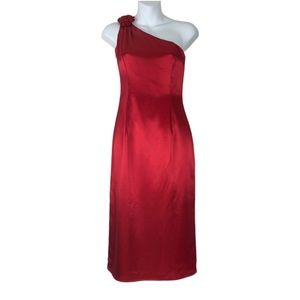 Vintage Jessica McClintock for Gunne Sax Red Satin Midi Dress One Shoulder Sz 1
